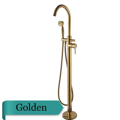 Modern brushed gold freestanding bathtub faucet with curved spout and handheld showerhead decorbites brushed gold design