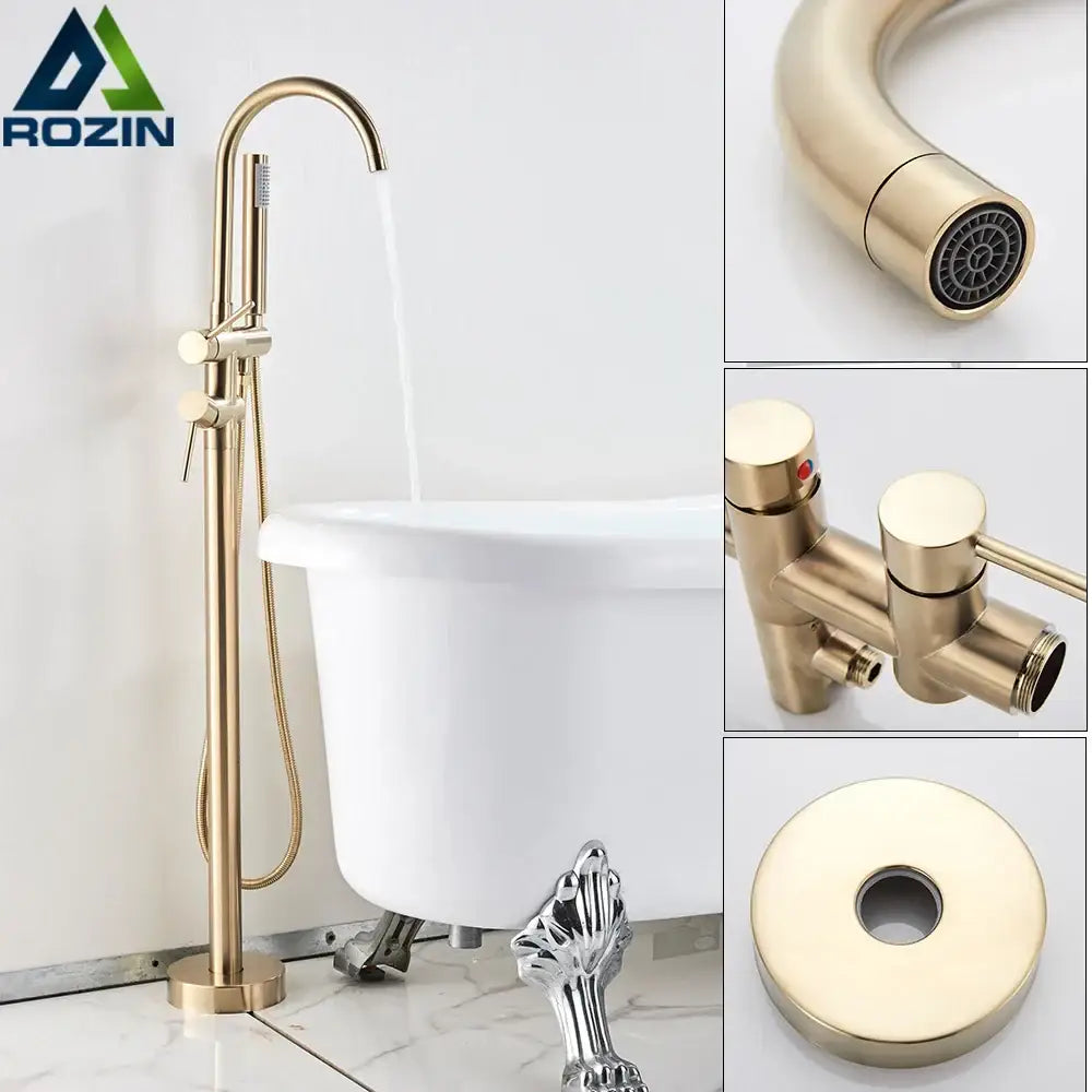 Modern brushed gold freestanding bathtub faucet with sleek curved spout and detachable handheld showerhead decorbites brushed gold
