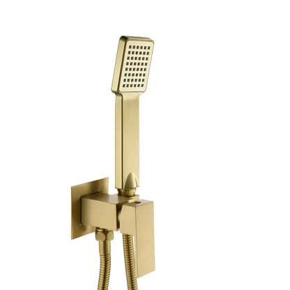 Modern brushed gold hand bidet sprayer kit featuring a gold rectangular showerhead with sleek metallic finish and grid nozzles