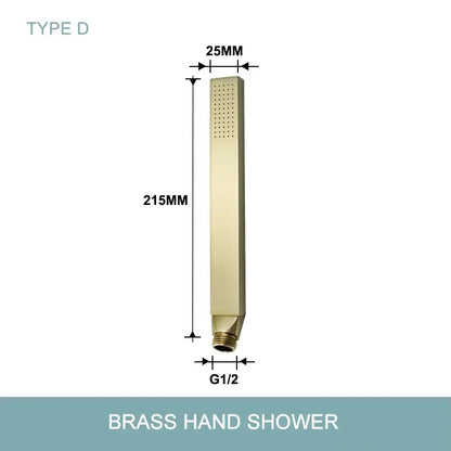 Modern brushed gold hand shower with polished finish and stainless steel hose featuring perforated rectangular head