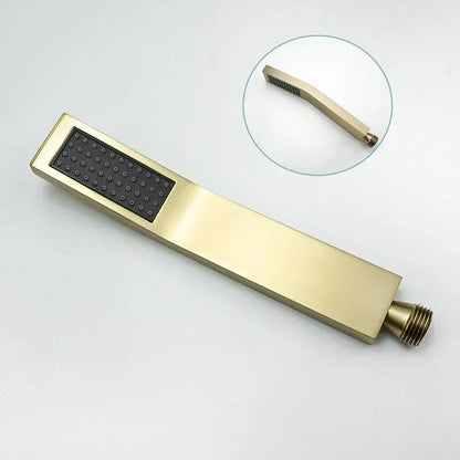 Modern brushed gold hand shower with rectangular gold-finished head black spray panel and stainless steel hose