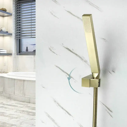 Modern brushed gold hand shower with stainless steel hose featuring a gold rectangular showerhead with metallic finish