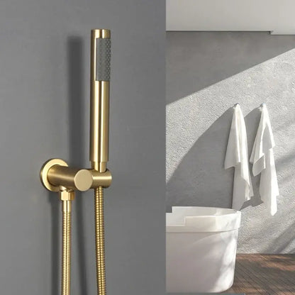Modern brushed gold hand shower with textured spray face and flexible stainless steel hose for bathroom use