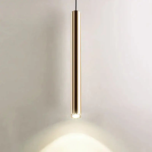 Modern brushed gold led pendant light with a sleek cylindrical design and illuminated base for dining room decorbites gold led