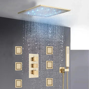 Modern brushed gold shower head with integrated blue led lighting and multiple spray patterns square rain design