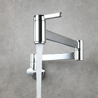 Chrome-finished articulated pot filler faucet with a sleek modern design and white water stream flowing from spout