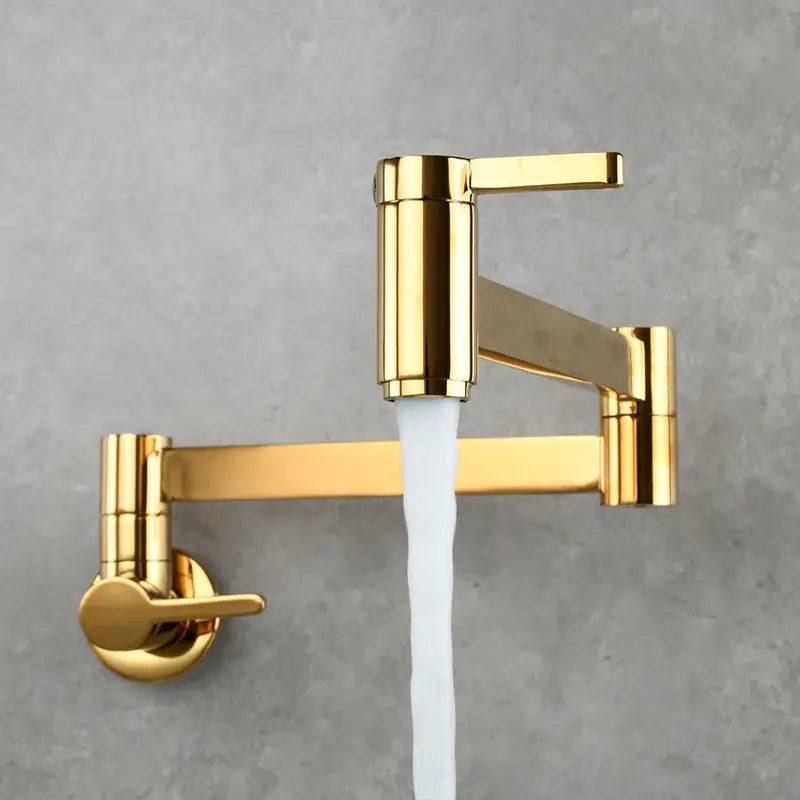 Modern brushed gold pot filler faucet wall mounted with sleek extendable foldable spout for kitchen use