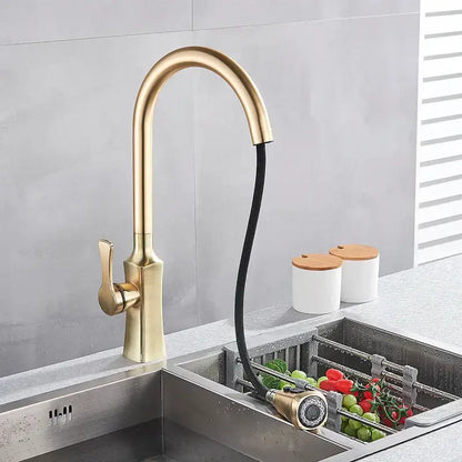 Modern brushed gold kitchen faucet with sleek curved spout and pull out spring spray head decorbites brushed gold
