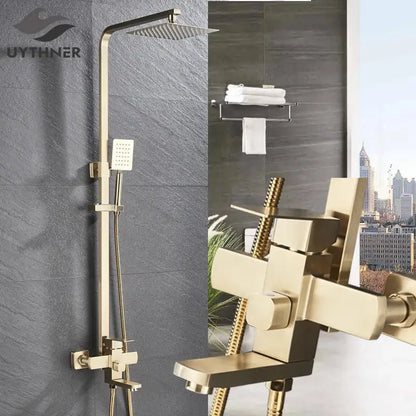 Modern brushed gold rain shower set with square rainhead, handheld spray, and angular mixer valve by decorbites brushed gold