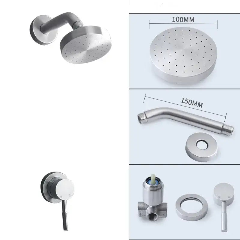 Modern brushed gold rainfall shower faucet set featuring a sleek stainless steel shower head with multiple nozzles
