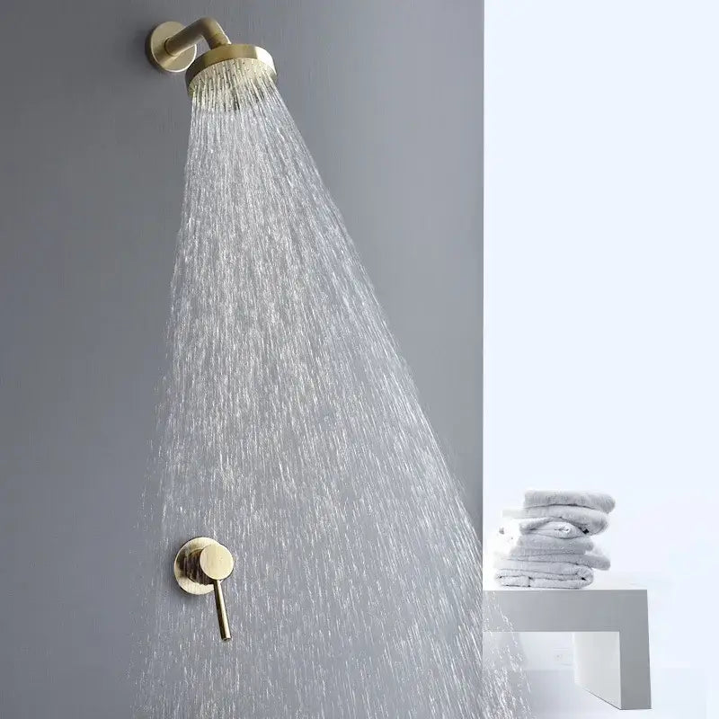 Modern brushed gold rainfall shower faucet set featuring a sleek gold-toned shower head and matching control valve