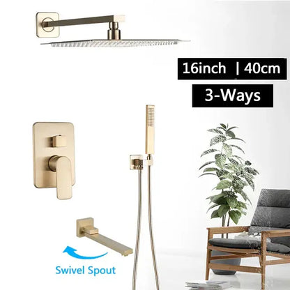 Modern brushed gold rainfall shower set with rectangular rainhead wall-mounted valve swivel spout and handheld shower decorbites
