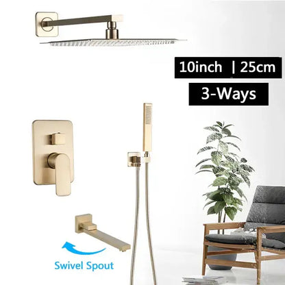 Modern brushed gold rainfall shower set with 10-inch rainhead handheld shower and swivel spout wall mixer decorbites
