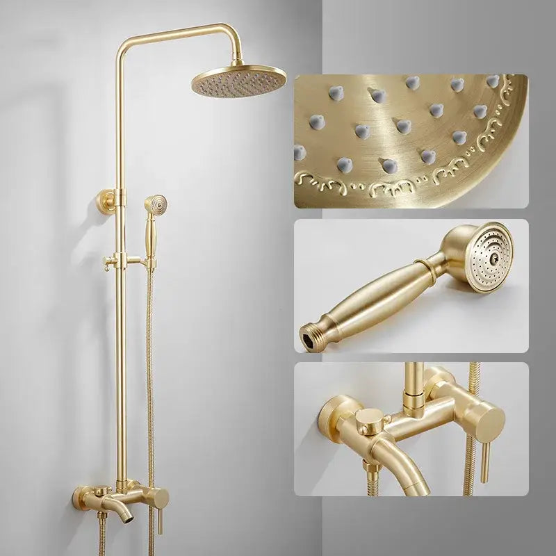 Modern brushed gold rainfall shower set with bathtub faucet featuring a gold-finished brass shower set with rainhead and handheld sprayer by decorbites brushed gold