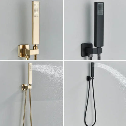 Modern brushed gold rainfall shower set featuring a rectangular showerhead with a sleek minimalist design
