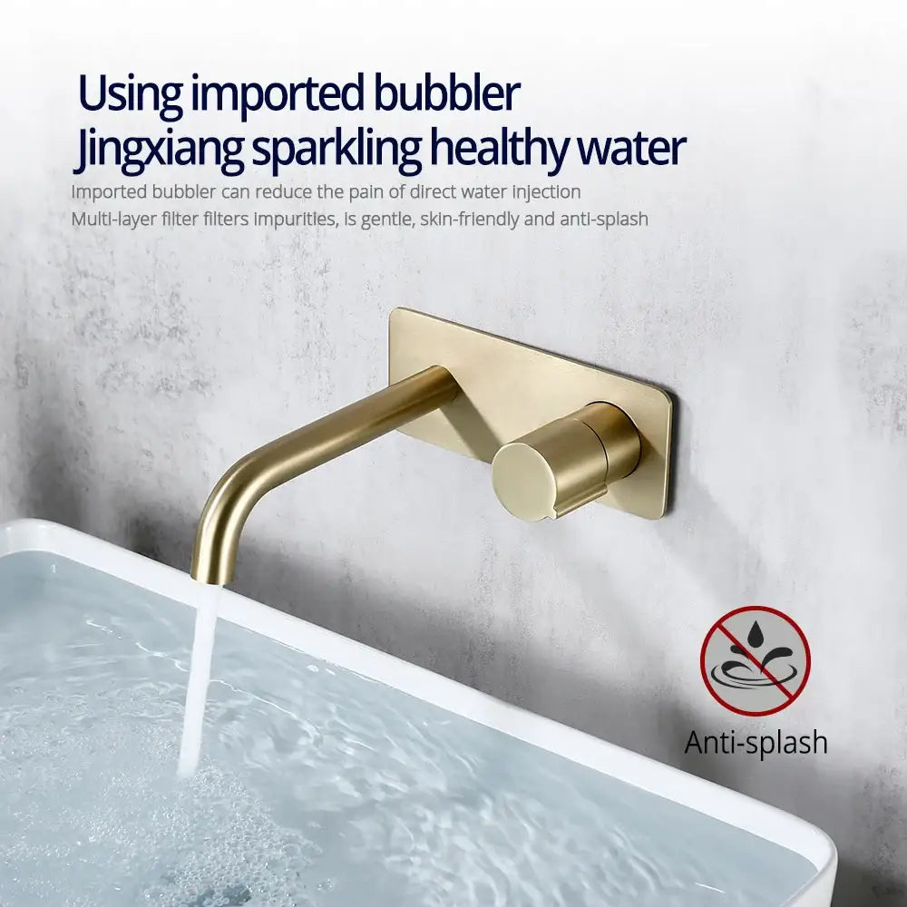 Modern brushed gold rectangular wall mounted faucet with sleek design and anti splash feature for bathroom mixer use