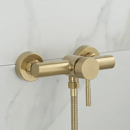 Modern brushed gold shower faucet set featuring a gold-finished brass faucet with sleek design and flexible hose