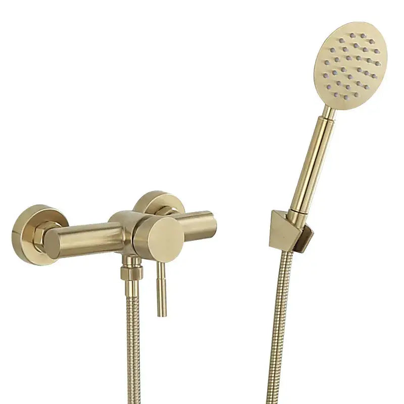 Modern brushed gold shower faucet set with wall-mounted control valve and handheld mixer for bathroom use