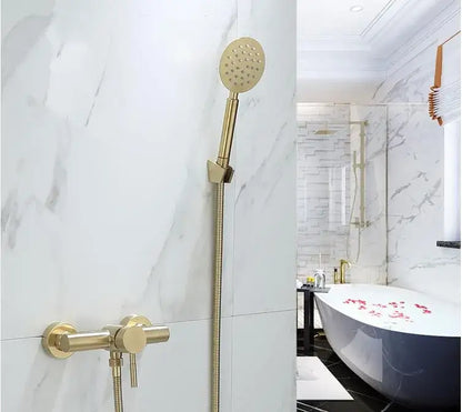 Modern brushed gold shower faucet set featuring a gold-tone handheld mixer with perforated face and brass hose