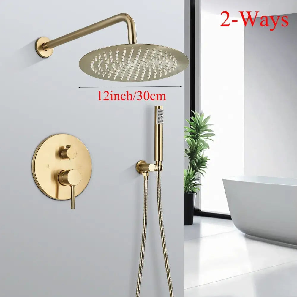 Modern brushed gold shower faucet system with 12-inch round rainfall head and matching handheld sprayer decorbites brushed gold