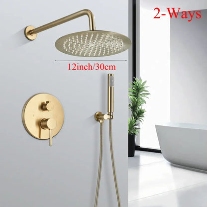 Modern brushed gold shower faucet system with 12-inch round rainfall head and matching handheld sprayer decorbites brushed gold