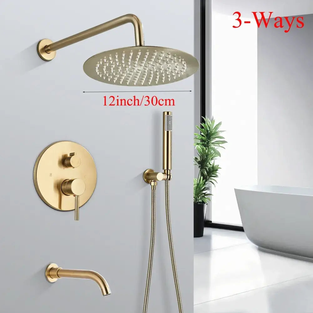 Modern decorbites brushed gold shower faucet system featuring a 12-inch round rainfall head with integrated spray nozzles