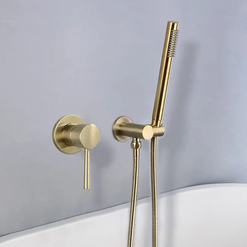 Brass-finished wall-mounted modern brushed gold shower mixer set with handheld spray for bathroom use