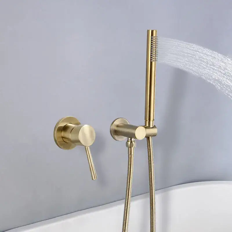 Modern brushed gold shower mixer set with single lever handle and adjustable handheld spray head in sleek design