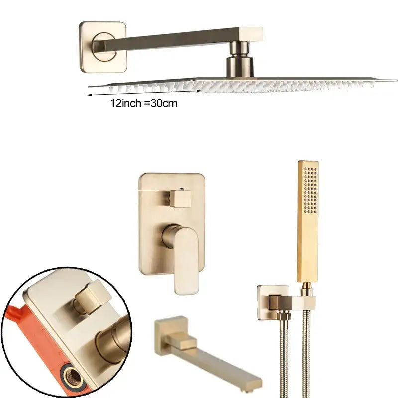 Modern brushed gold shower mixer with 12-inch square rainfall showerhead and matching wall-mounted handheld faucet