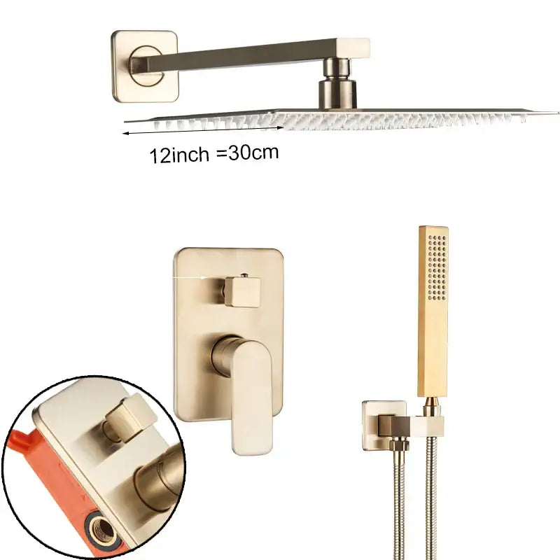 Modern brushed gold shower mixer with rainhead, wall-mounted control valve, and handheld showerhead for bathroom use