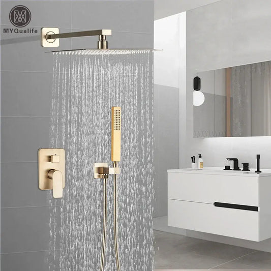 Modern brushed gold shower mixer with rainfall head and matching handheld shower in a gold finish for bathroom