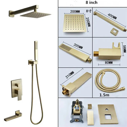 Modern brushed gold shower set with square rainfall head handheld sprayer and wall-mounted control valve decorbites brushed gold