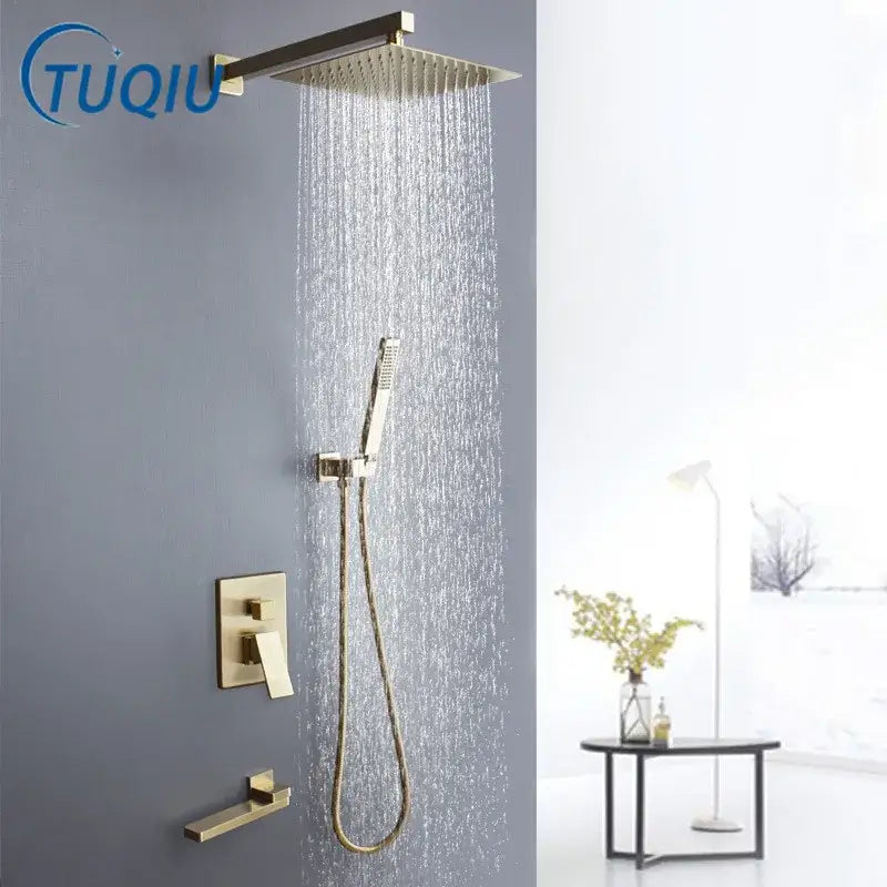Modern brushed gold shower set featuring a gold-toned square rain shower head with handheld and faucet trim decorbites brushed gold