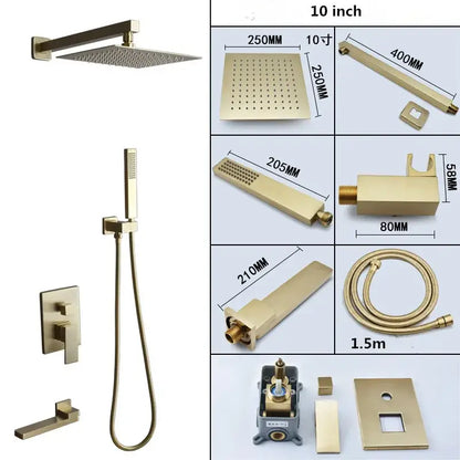Modern brushed gold shower set with square rainfall head handheld sprayer and wall-mounted valve decorbites brushed gold