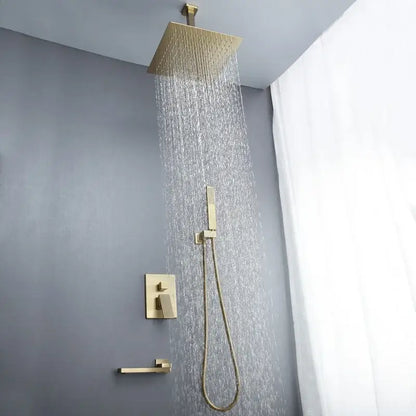 Modern brushed gold shower set with square rainfall head handheld shower