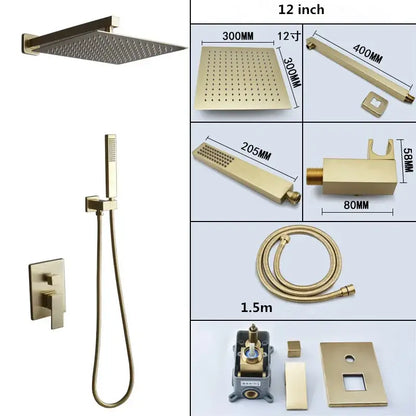 Modern brushed gold shower set with square rainfall head featuring a gold-finished perforated showerhead for even water distribution