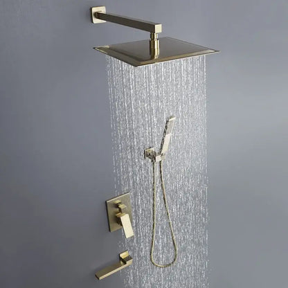 Modern brushed gold shower set with square rainfall head handheld sprayer and wall-mounted control valve by decorbites