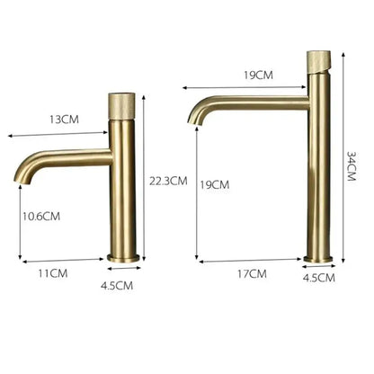 Modern brushed gold single handle basin faucet with knurled mixer and sleek minimalist design for bathroom use