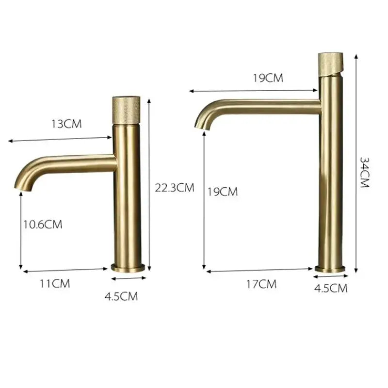 Modern brushed gold single handle basin faucet with knurled mixer and sleek minimalist design for bathroom use