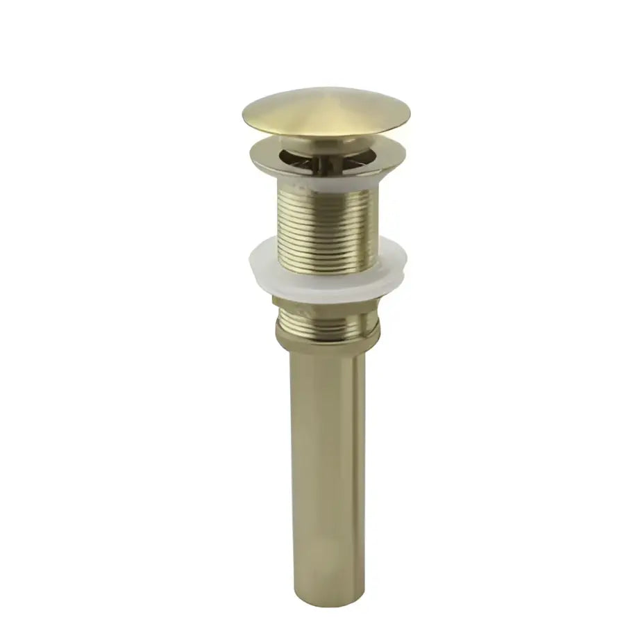Gold-colored brushed brass sink drain with rounded top and threaded body for modern brushed gold single handle basin faucet