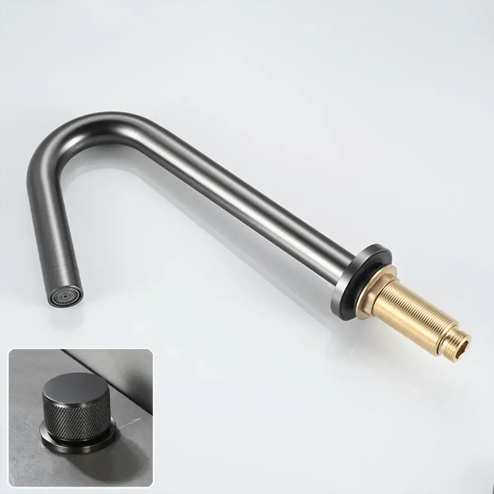 Modern brushed gold single handle bathroom basin faucet with matte black curved spout and premium ceramic valve