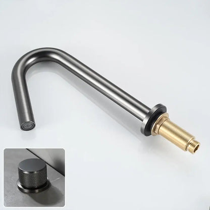 Modern brushed gold single handle bathroom basin faucet with matte black curved spout and premium ceramic valve