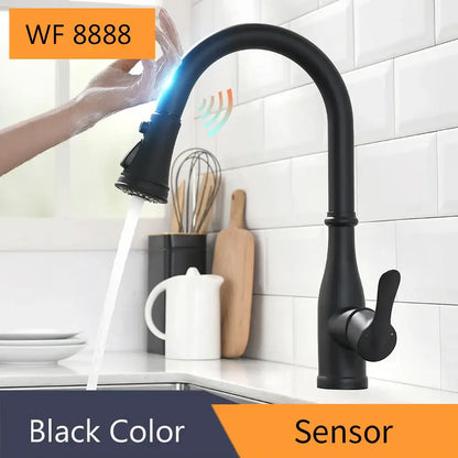 Black matte finish smart sensor kitchen faucet with sleek curved spout and pull down spray head for modern use