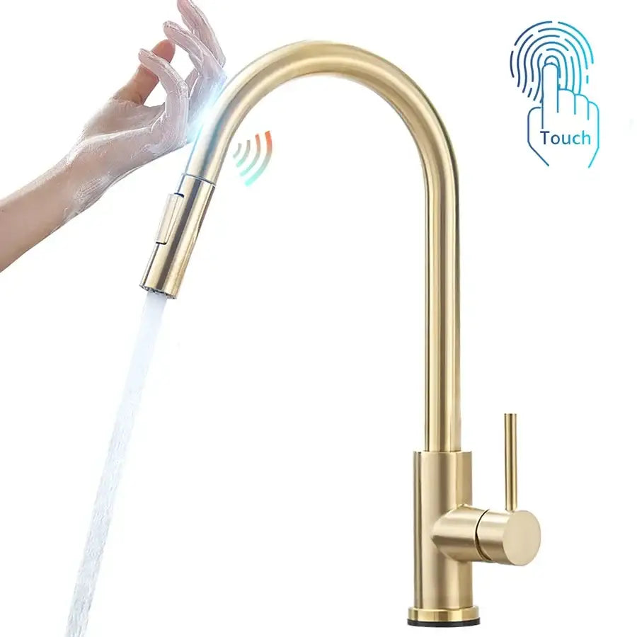 Modern brushed gold smart sensor kitchen faucet with dual outlet and sleek curved spout minimalist design