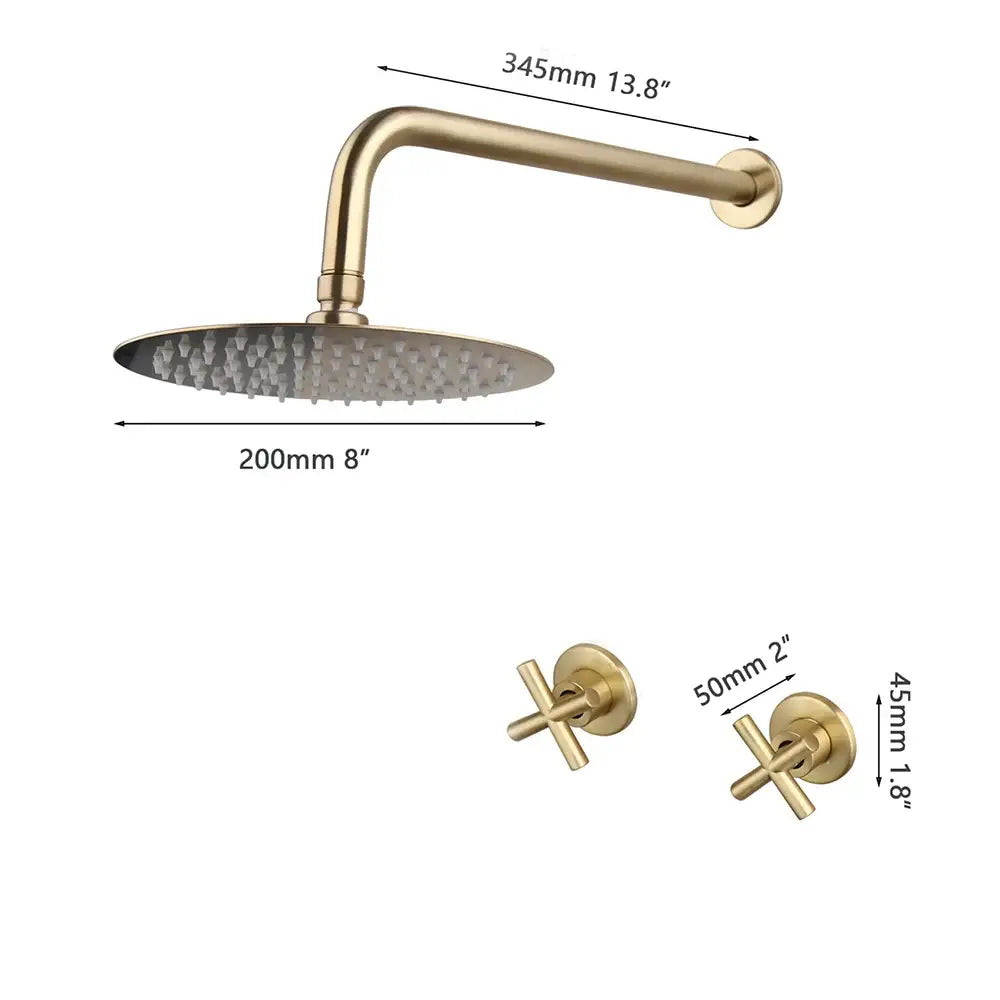 Modern brushed gold square rainfall shower set featuring a brass-finished round showerhead and matching cross-handle faucets