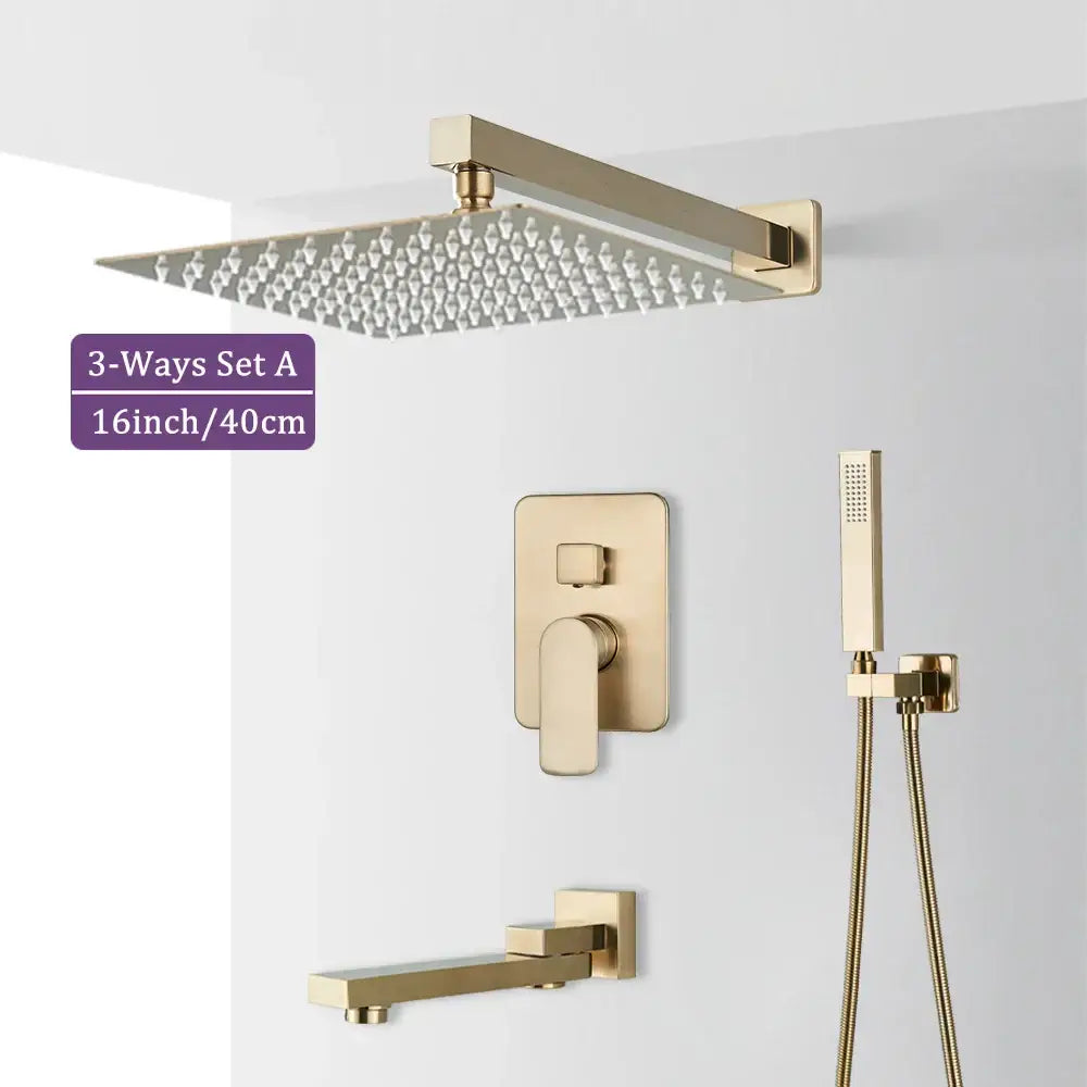 Gold-finished 16-inch square rain shower head with multiple nozzles in modern brushed gold shower faucet set