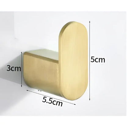 Modern brushed gold stainless steel robe hook with l-shaped design and brushed finish measuring 5 by 3 by 5.5 cm
