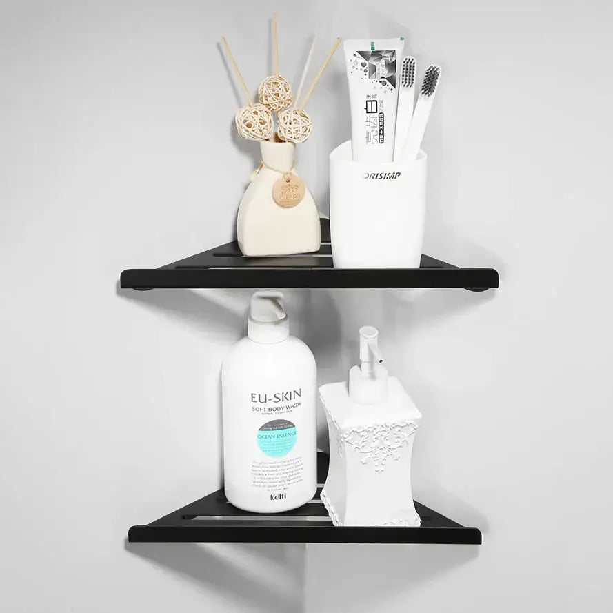 Black corner shelf with matte finish featuring sleek minimalist design for brushed gold stainless steel shower storage