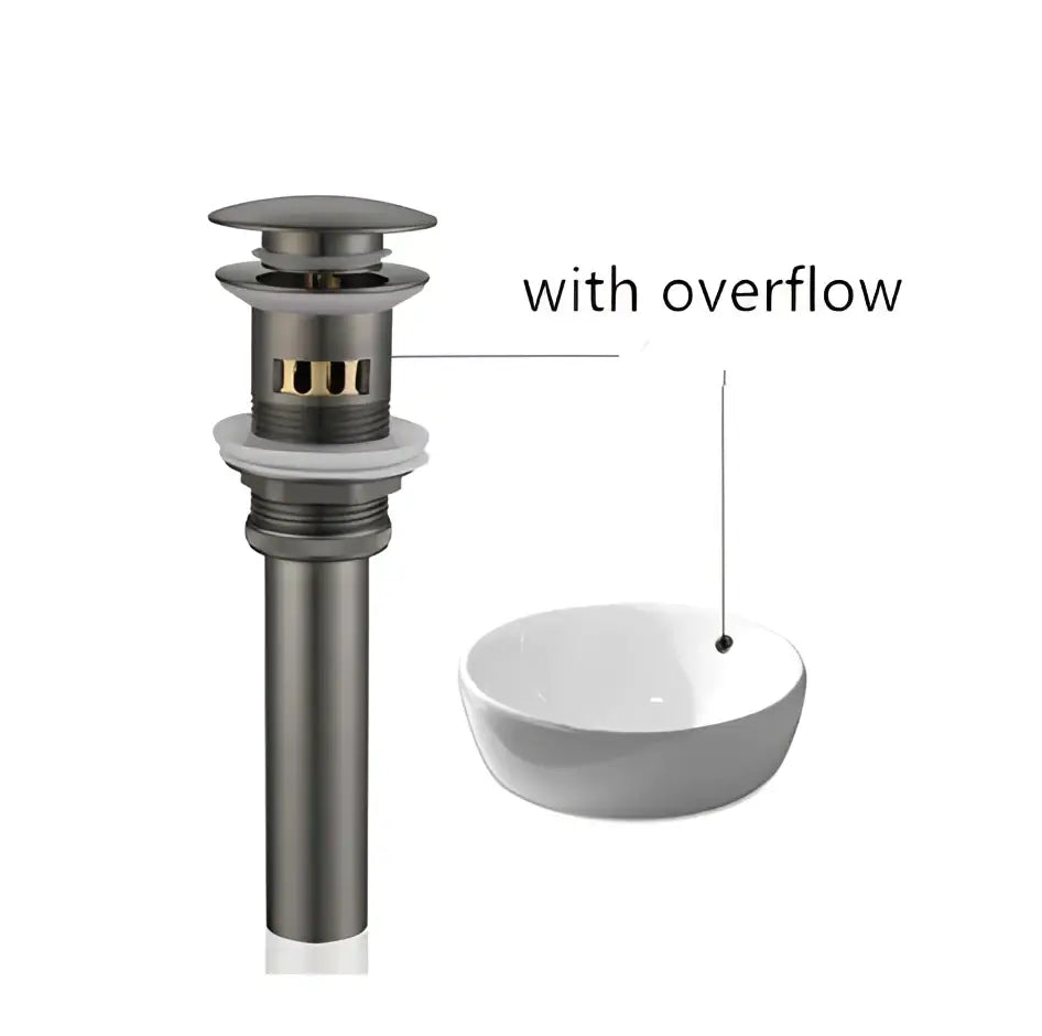 Matte black metal sink drain with overflow feature paired with brushed gold swivel bathroom basin sink faucet decorbites