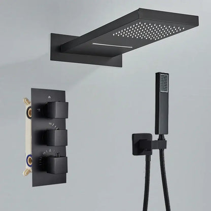 Modern brushed gold thermostatic shower faucet set with black matte rectangular rain shower head and perforated surface